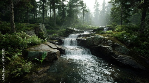 Coniferous Forest Stream Waterfall in Mist, Natural Landscape
