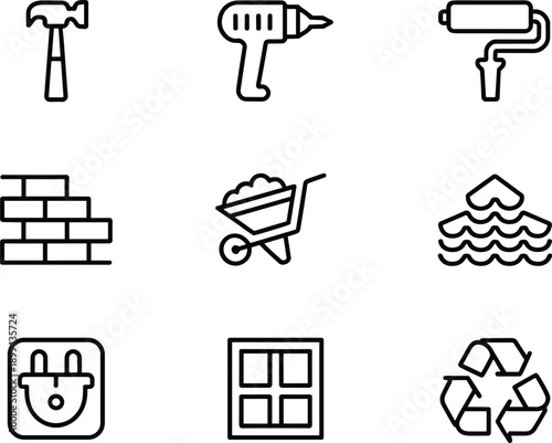 Set of construction tools and materials outline icons for building and repair works