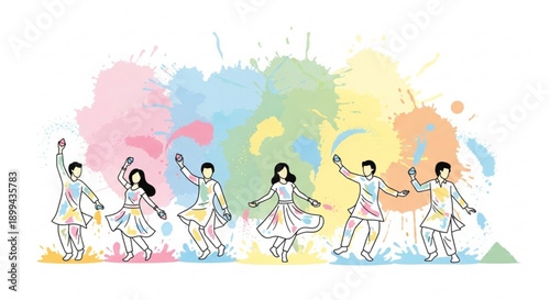 People celebrating Holi festival with colorful powder splashes joyful dancing figures in traditional attire vector illustration for festive e