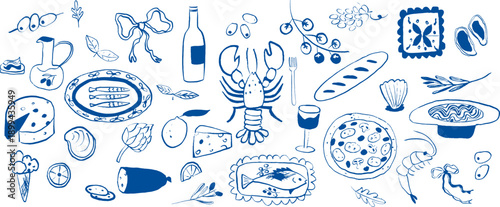 Mediterranean food hand drawn vector illustrations in grunge chalk or doodle sketch style with seafood, pasta, fruit, wine.
