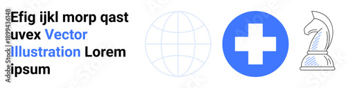 Global communication, healthcare solutions, strategic planning, business operations, decision-making, leadership. Globe, medical cross and chess knight symbol. Global communication and healthcare
