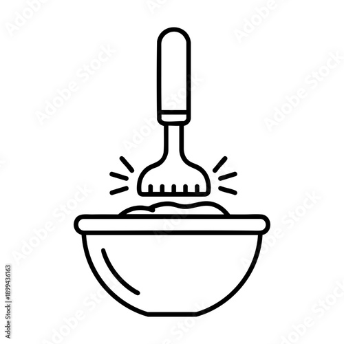 Mashing Icon Vector Illustration – Masher and Bowl, Food Preparation, Cooking Process and Kitchen Tool Symbol