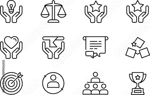 Business core values and corporate ethics concept line icons for leadership and team management work
