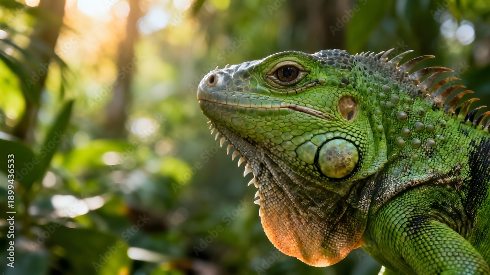 Obraz premium Detailed close-up portrait of a large green iguana resting in lush, sunlit tropical foliage.