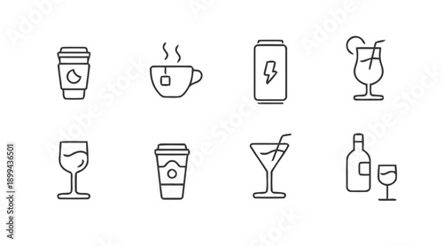 Beverage icons set: coffee cup, tea cup, energy drink, cocktail, wine glass, takeaway cup, martini, bottle and glass representing drinks, refreshment, and relaxation