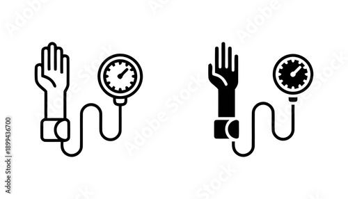Blood pressure monitor cuff and gauge icon, outline and filled versions, representing medical measurement, healthcare, and cardiology, suitable for health apps