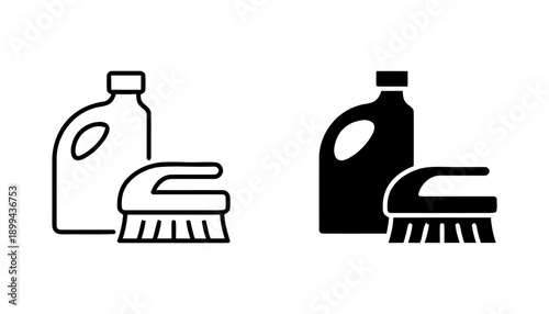 Cleaning supply icons showing bottle and scrub brush, in outline and solid black styles for home cleaning, hygiene products, and janitorial work graphic elements
