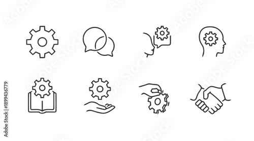 Cogwheel and gears icons set representing collaboration, teamwork, mechanics, process, strategy, innovation, and industry in business development and engineering