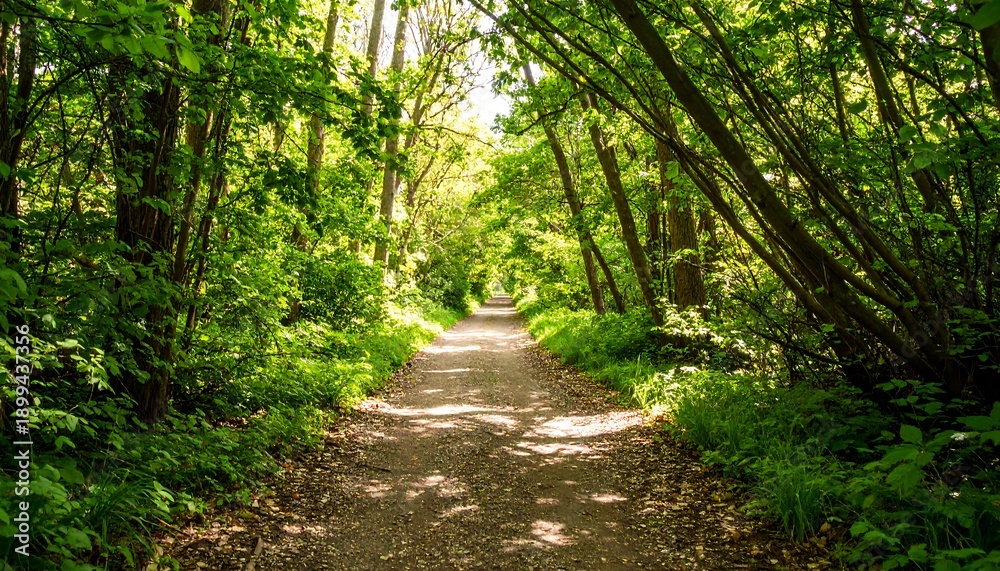 Fototapeta premium A serene forest path bathed in dappled sunlight, inviting exploration.