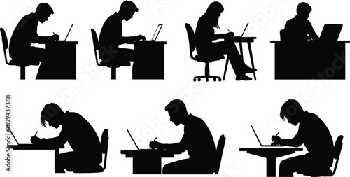 Silhouette set of students studying with laptops at desks, representing online education, focused learning, digital classroom, academic productivity, and modern study lifestyle concept illustration