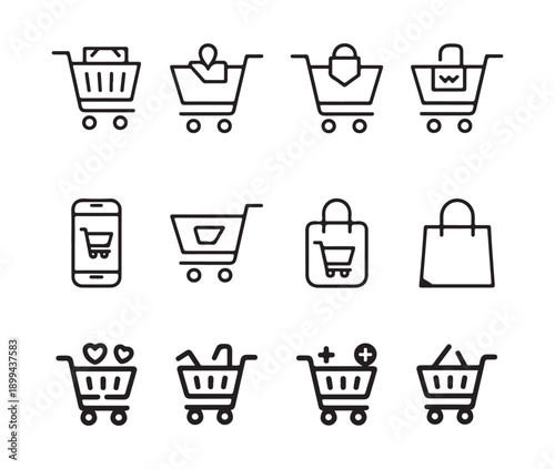 Shopping cart and shopping bag icons vector set, collection of e-commerce symbols in modern line art style