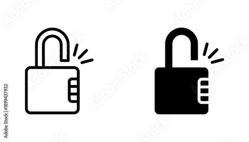Combination lock icon set showing open status for accessibility and freedom concepts with dial details for code entry and security clearance in outline and filled black vector illustration styles