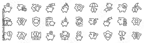 Comprehensive collection of piggy bank icons representing saving, finance, and investment concepts, including damaged, secure, and digital currency symbols for money management themes
