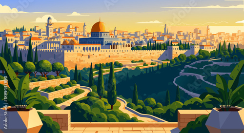 Beautiful Jerusalem Vector Illustration A Stunning Panoramic View of Ancient Cityscape and Lush Terraced Gardens at Sunrise