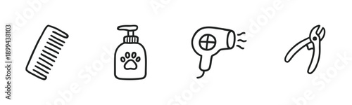 Doodle style icons for pet grooming services, featuring comb, shampoo bottle, hairdryer, and nail clippers on white background, hand-drawn vector