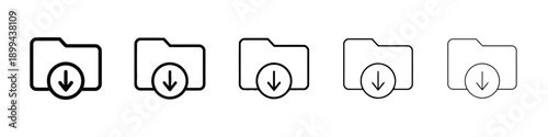 Download icon set, computer folder with down arrow symbol, outline and solid variations for digital file transfer and cloud storage