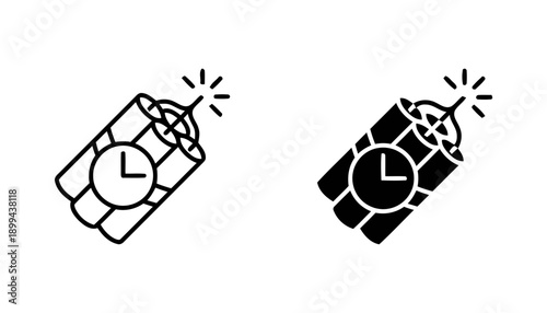 Dynamite bomb with clock outline and solid black icons for timed explosive danger risk and detonation concept elements warning sign