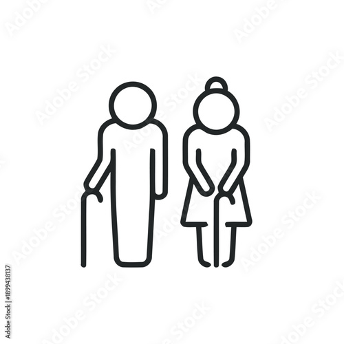 Elderly couple man and woman standing together with walking cane, symbol icon representing seniors, aging population, retirement and age care vector illustration
