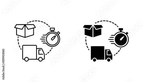 Fast delivery service icons with truck stopwatch and parcel showing speed and efficiency in logistics and shipping operations outline and solid black versions