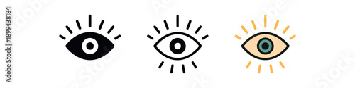 Eye open icon set vector, vision symbol with radiating lines, different styles and colors for surveillance or awareness design elements, watchful gaze illustration