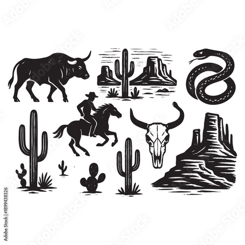 Western Desert Linocut Print Set – Boho Cactus, Canyon Wildlife & Rodeo Icons