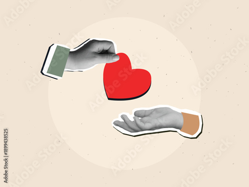 One hand gives the other a large red heart. A symbol of charity. Modern photo collage style. Vector illustration