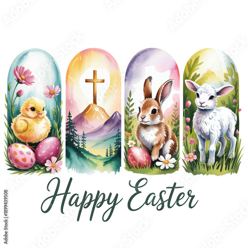A vibrant Easter-themed design featuring a chick, a cross on a hill, a rabbit, and a lamb. Each symbol is set against a scenic background with flowers and eggs.