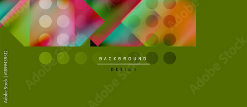 Abstract geometric shapes, vibrant colors, olive background. Modern design elements create dynamic visual texture.