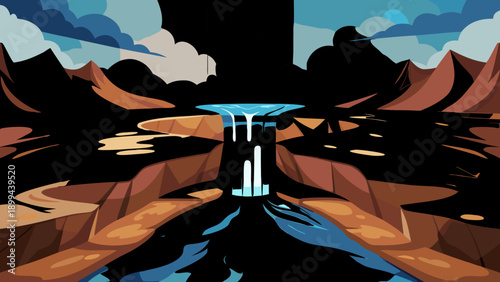 A whimsical person with a retro camera head and a red bandana stands amidst colorful abstract plant shapes and radiant starbursts, capturing a unique creative moment.