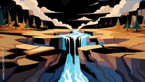 A whimsical person with a retro camera head and a red bandana stands amidst colorful abstract plant shapes and radiant starbursts, capturing a unique creative moment.