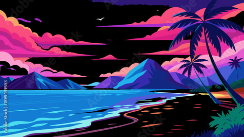 A vibrant blue ocean wave crashes with white foam, rendered in a mosaic-like, stained-glass illustration style against an orange sky filled with geometric stars and circles.