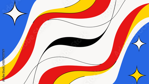 A vibrant blue ocean wave crashes with white foam, rendered in a mosaic-like, stained-glass illustration style against an orange sky filled with geometric stars and circles.