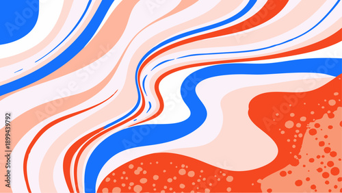 A vibrant blue ocean wave crashes with white foam, rendered in a mosaic-like, stained-glass illustration style against an orange sky filled with geometric stars and circles.