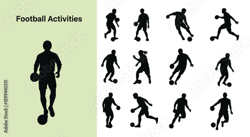 Collection of black silhouette icons illustrating various dynamic football activities including dribbling passing and controlling the ball during a match