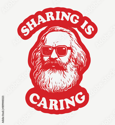 Sharing Is Caring – Bold Red Bearded Figure with Sunglasses and Retro Typography for Political, Satire, and Pop Art Themes