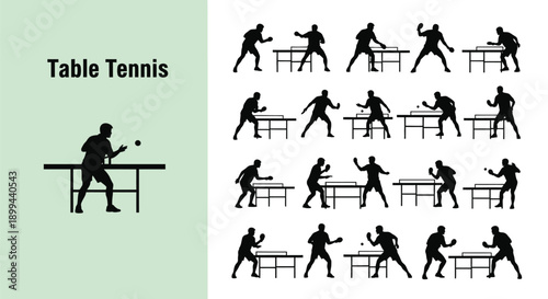 Collection of black silhouette icons illustrating various dynamic playing poses and serving actions of male table tennis athletes engaged in competitive ping pong sport