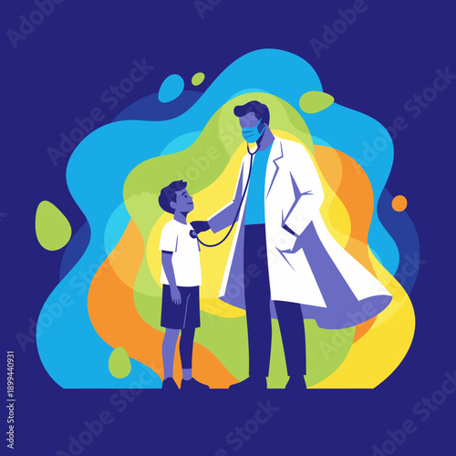 A kind doctor wearing a face mask uses a stethoscope to perform a routine check-up on a young boy, emphasizing pediatric healthcare and wellness.