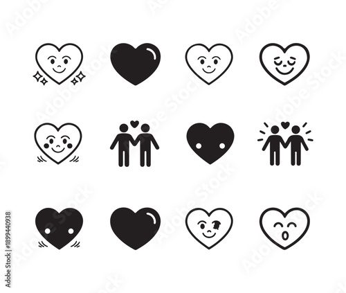 Twelve varied heart face line and solid icons showing happiness love emotion romance and warm friendly feelings
