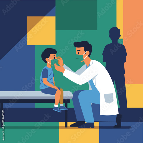 A caring physician conducts a thorough medical examination on a masked child, ensuring their well-being in a modern clinic setting.