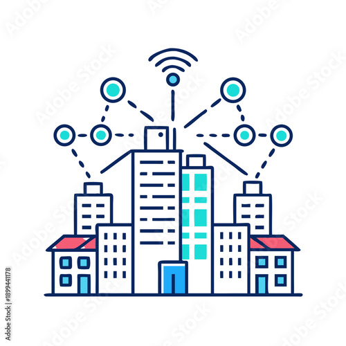 Smart city infrastructure icon vector, buildings connected by signal nodes, geometric flat design for future urban technology.