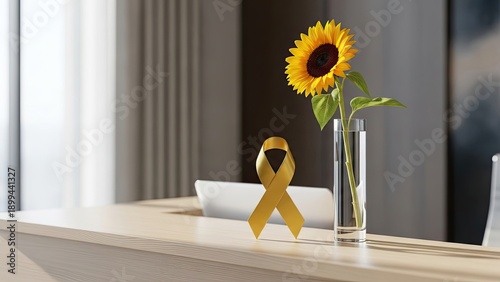 Bright Sunflower and Yellow Ribbon on Modern Reception Desk