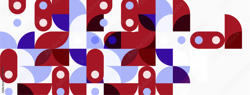 Fototapeta premium Abstract geometric pattern. Red, purple, light blue shapes repeat. Minimalist design, modern aesthetic, flat illustration.