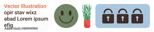 Security, well-being, nature, positivity, protection, communication. Green happy face, red potted plant three padlocks on blue background. Security and positivity concepts