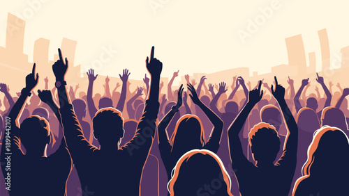 Large crowd of enthusiastic people silhouetted against a bright city background with their hands raised at a concert or event.