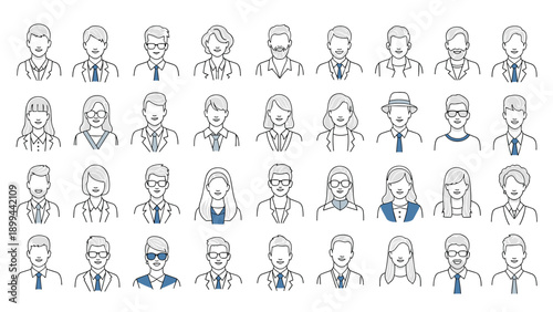 Extensive grid of simple line art portraits depicting diverse men and women with various hairstyles, glasses, and professional clothing styles.