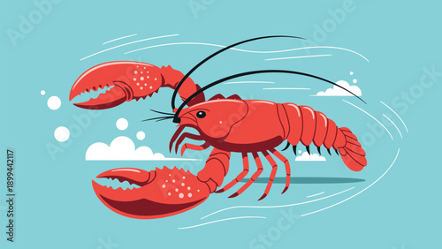 Illustration of a large red lobster swimming gracefully through clear blue water with white bubbles and stylized current lines.