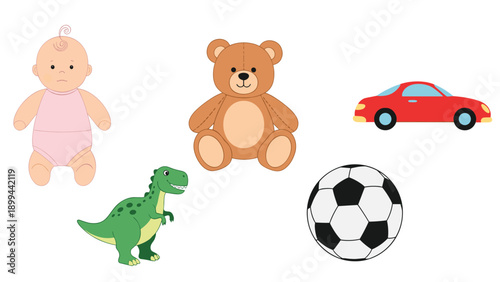 Collection of colorful children toys including a baby doll, teddy bear, red car, green dinosaur, and a soccer ball.