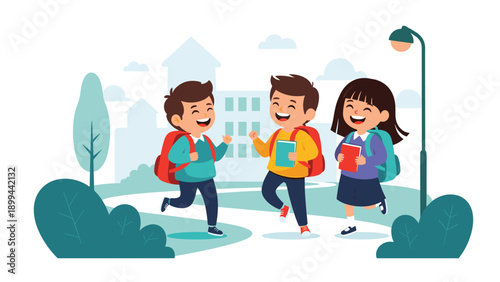 Group of happy young students with backpacks and books walking together in front of a school building on a sunny day.