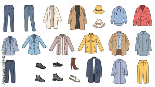 Collection of various modern clothing items and accessories including jackets, coats, trousers, hats, and shoes in a flat style.