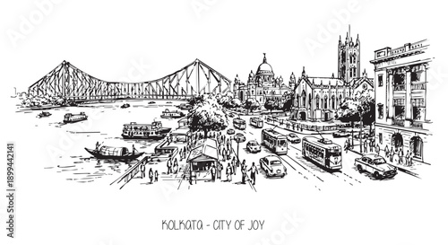 Foto Kolkata Cityscape Line Art Illustration with Howrah Bridge and Urban Street Scen